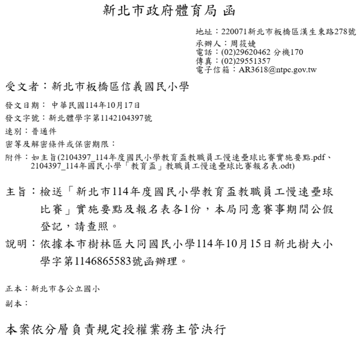 新北市114年度國民小學教育盃教職員工慢速壘球比賽(體育組)圖片