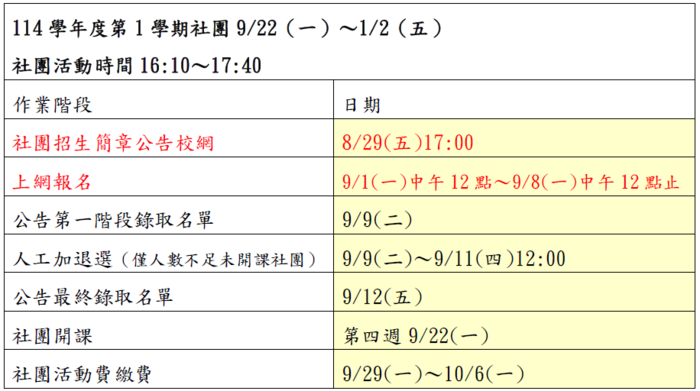 ✨本校114學年度第一學期社團課報名開課時程(訓育組)圖片